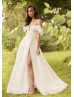 Ivory Pleated Organza Slit Modern Wedding Dress With Detachable Sleeves